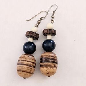 Boho Wood and Plastic Bead Dangle Earrings